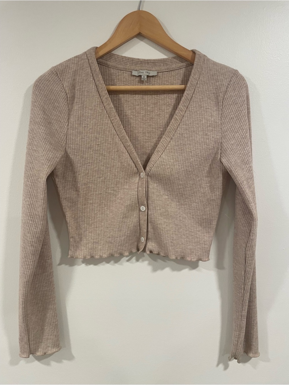 Love Tree Cropped Ribbed V-Neck Cardigan in Taupe